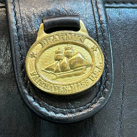 Vintage Brahmin Black Leather Double Handle Brass Hardware Satchel Handbag - Picture 8 of 11